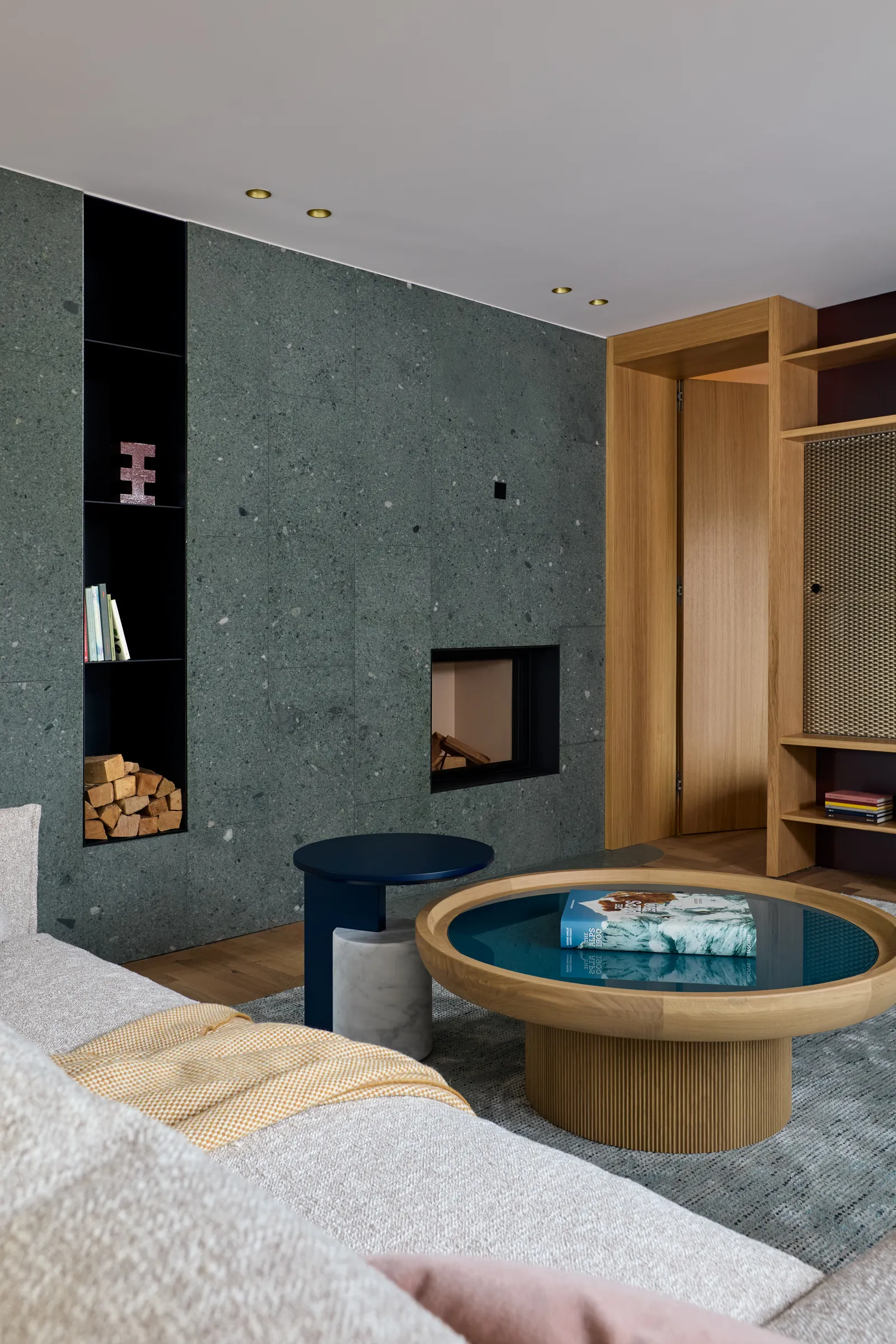 Salon green fireplace